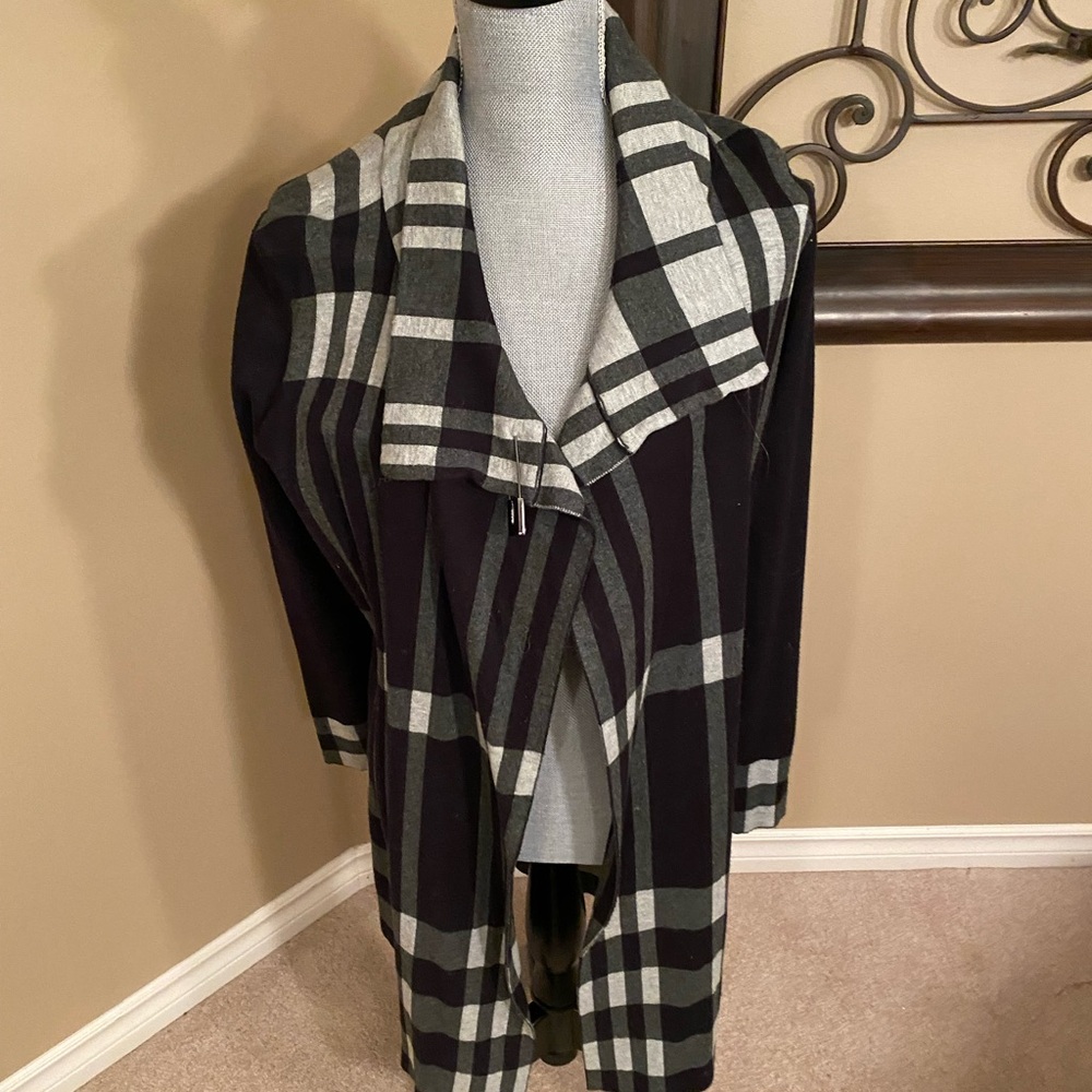 Stylish Black and Gray Plaid Overcoat. Perfect for layering.